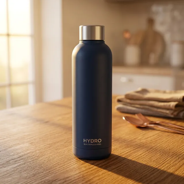 Water bottle rendered in the Cozy Wood scene
